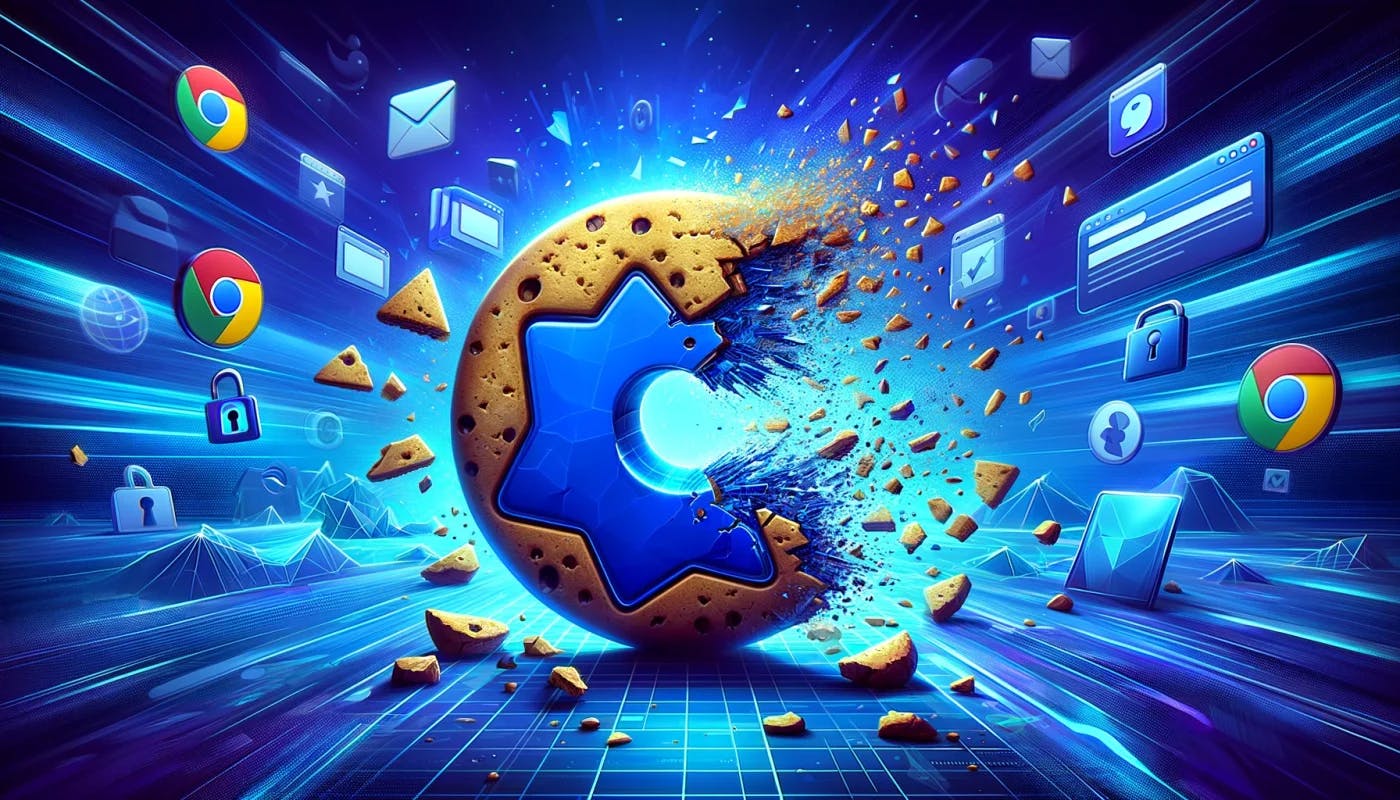 Illustration of a shattered cookie symbolizing the end of third-party cookies, set against an indigo, tech-centric background with Chrome, Safari, and Firefox icons. Includes subtle data privacy elements like padlocks and shields. The vibe is modern and dramatic.